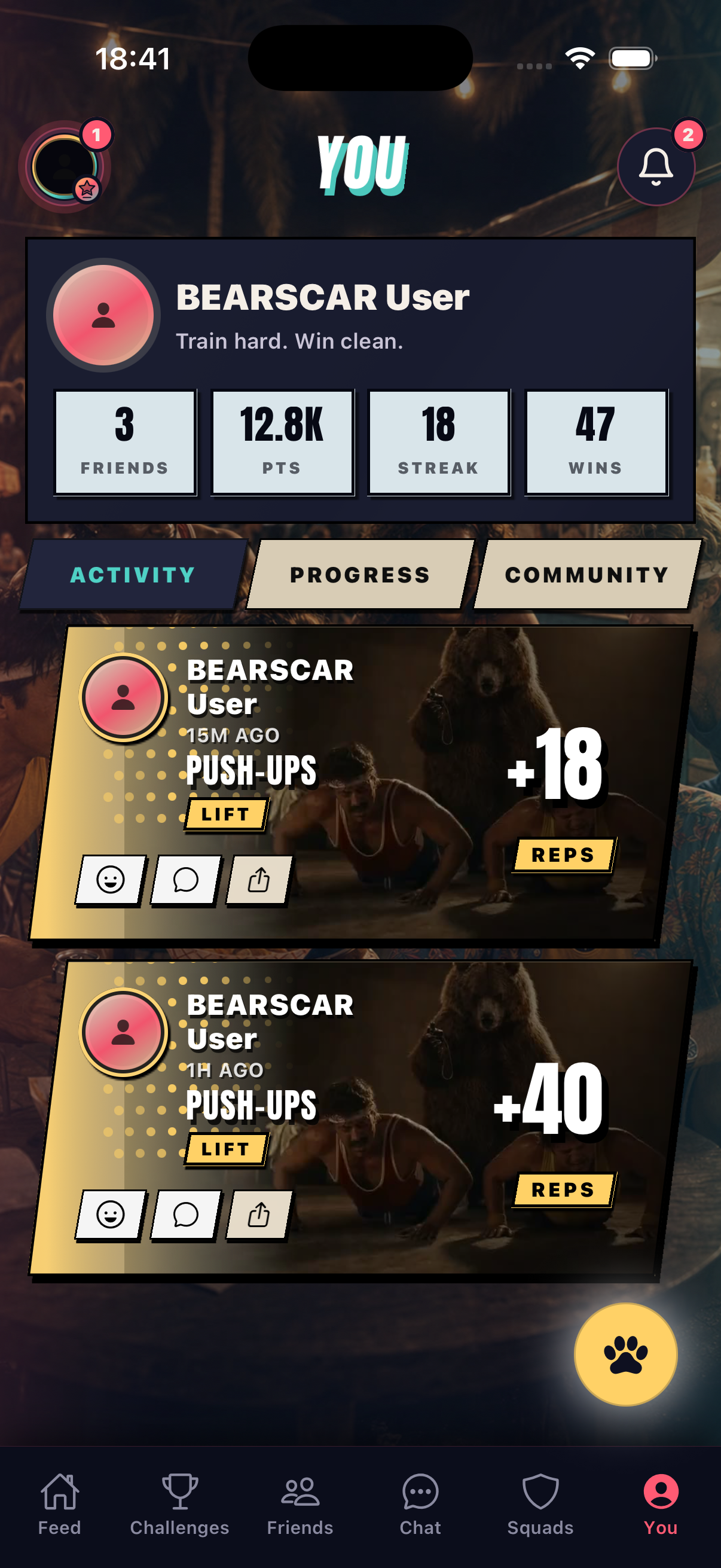 BEARSCAR profile screen showing activity history, comments, likes, and status