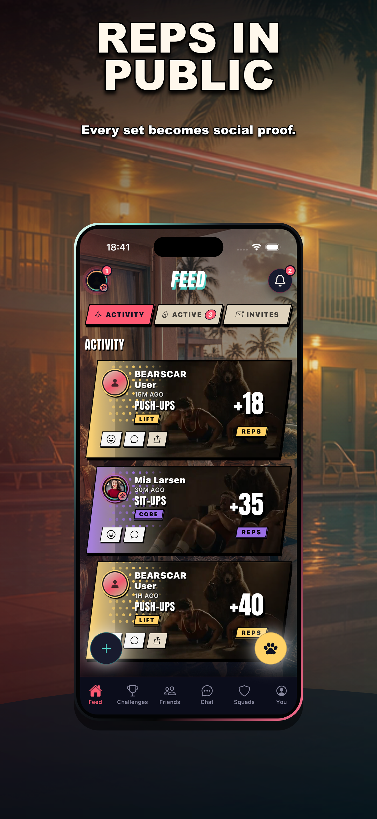 BEARSCAR feed showing workout proof, reactions, comments, and active friend challenges