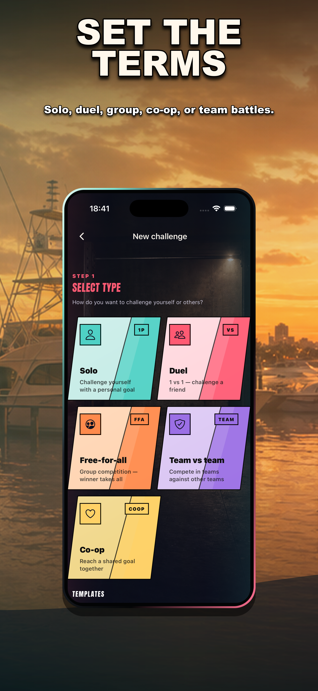 BEARSCAR challenge setup screen for solo, duel, group, co-op, and team battles
