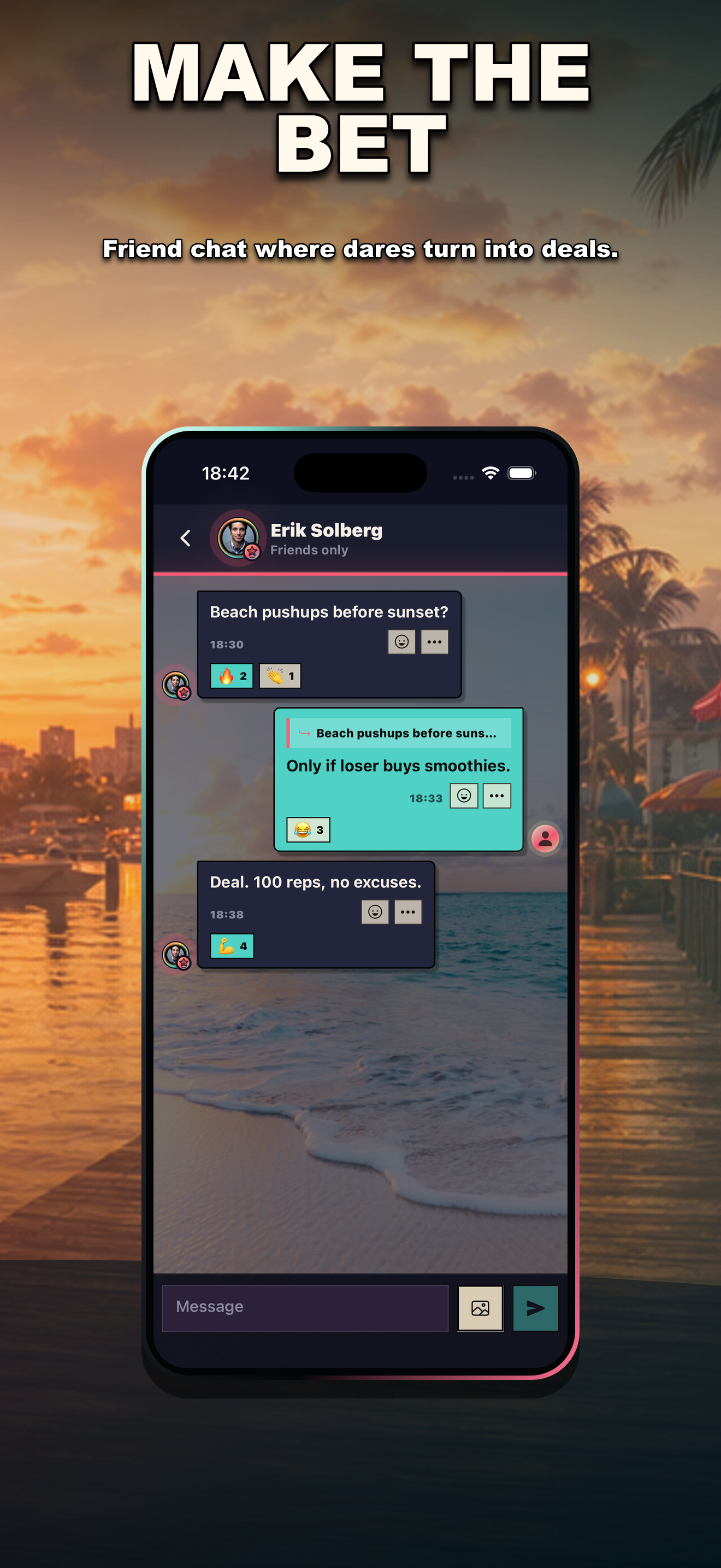 BEARSCAR friend chat screen for turning a dare into a fitness challenge