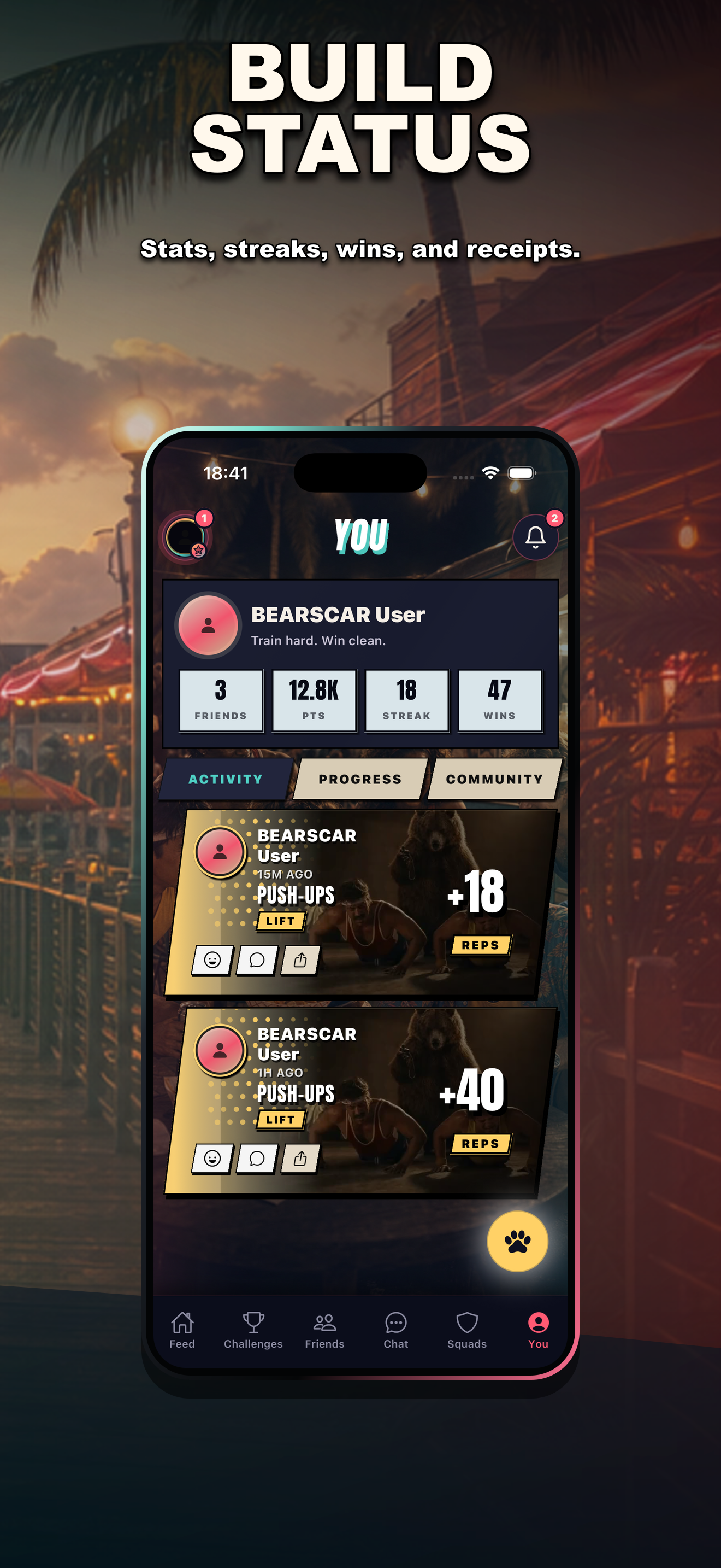 BEARSCAR profile screen showing stats, streaks, wins, and workout receipts